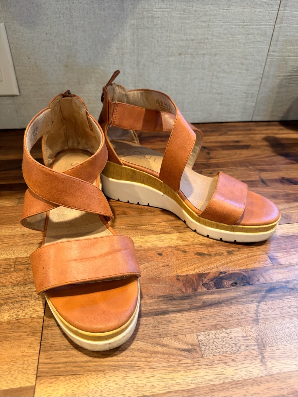 Soul by Naturalizer Cognac Leather Platform Sandals with Back Zip